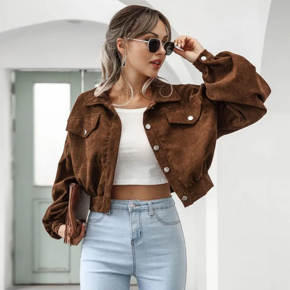 daisy | corduroy cropped bomber jacket with lantern sleeves brown