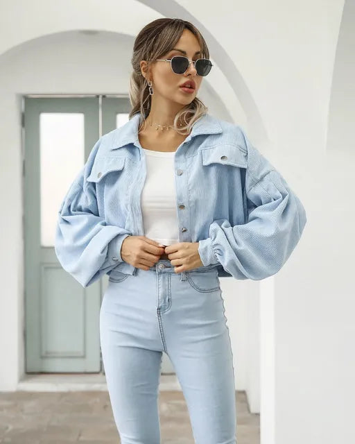 daisy | corduroy cropped bomber jacket with lantern sleeves sky blue
