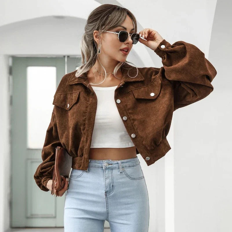 daisy | corduroy cropped bomber jacket with lantern sleeves