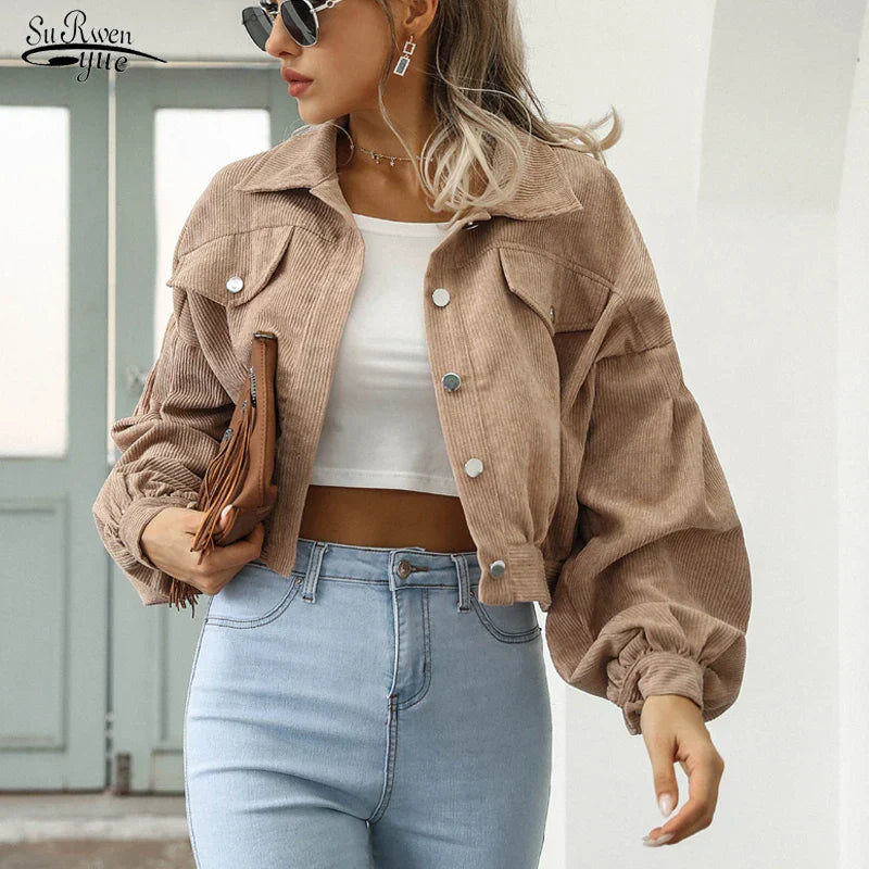 daisy | corduroy cropped bomber jacket with lantern sleeves