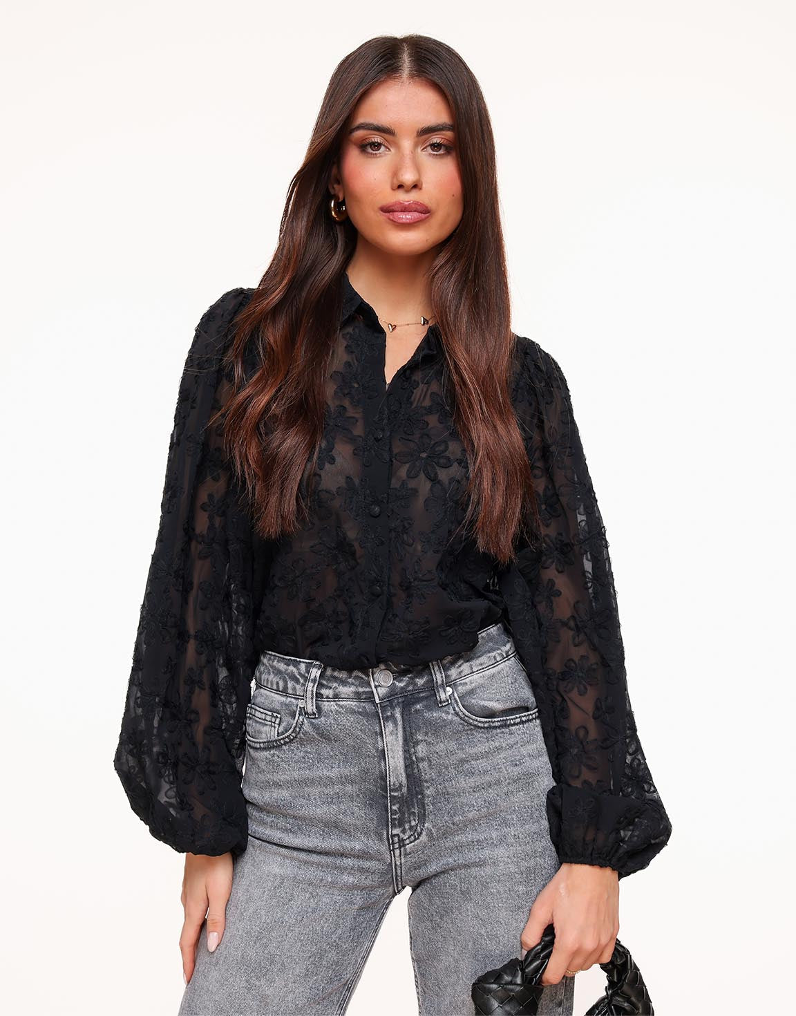 noir | sheer floral embroidered blouse