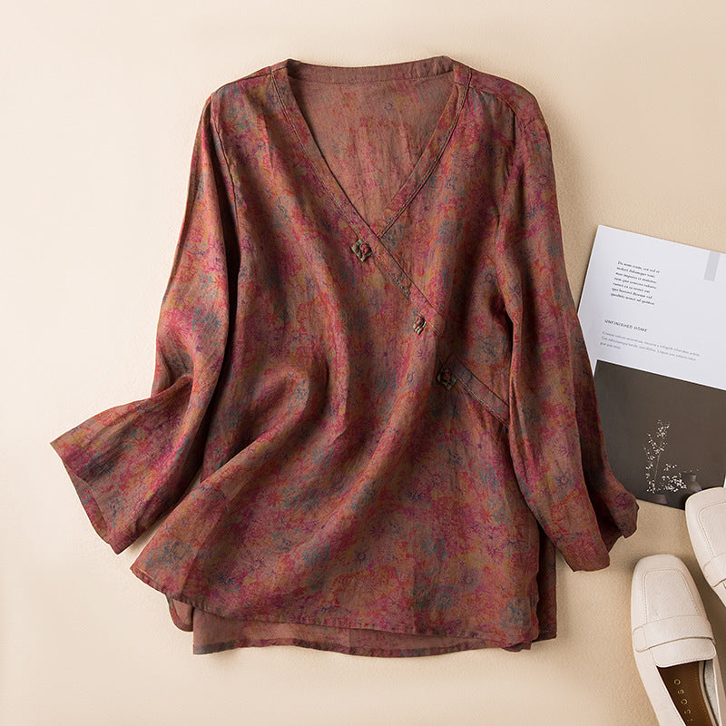 solara | summer print relaxed blouse caramel