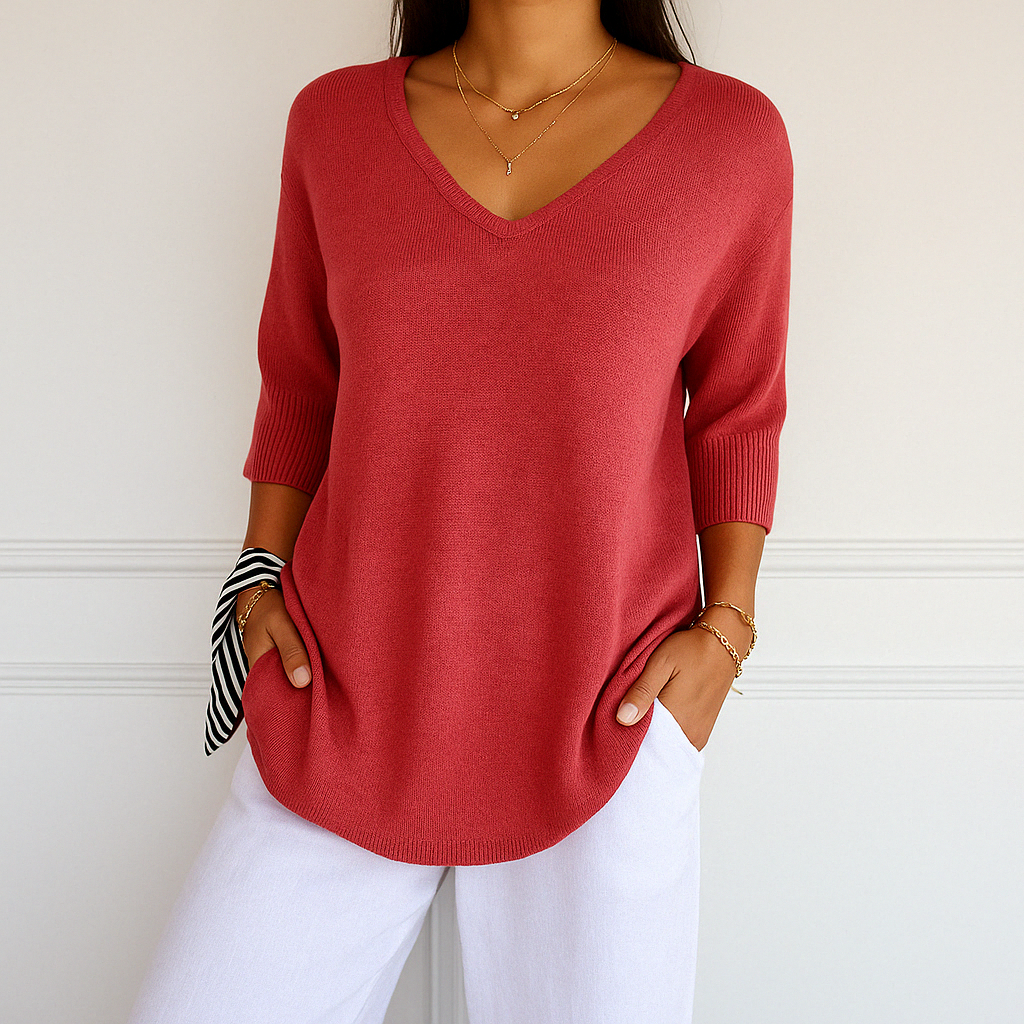 clara | v-neck short sleeve sweater crimson