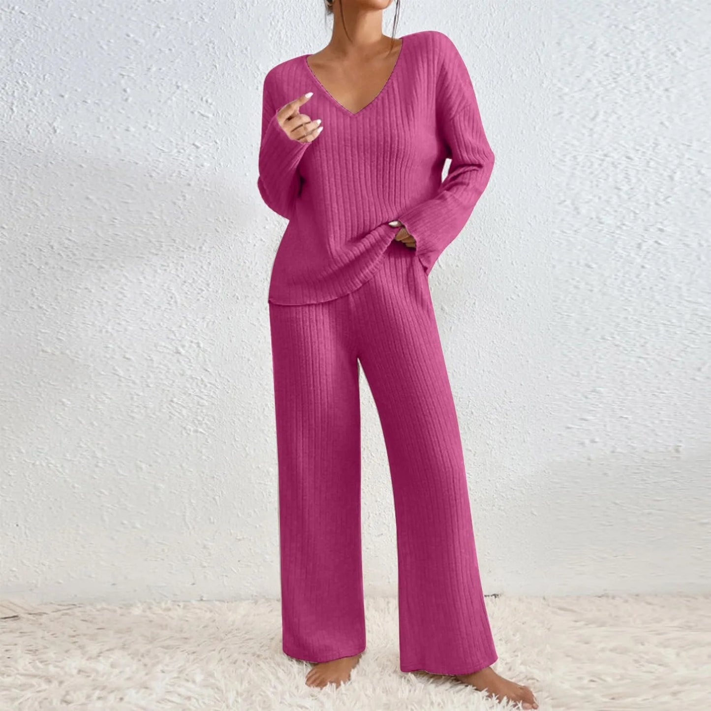 elodie | v-neck ribbed knit set pink