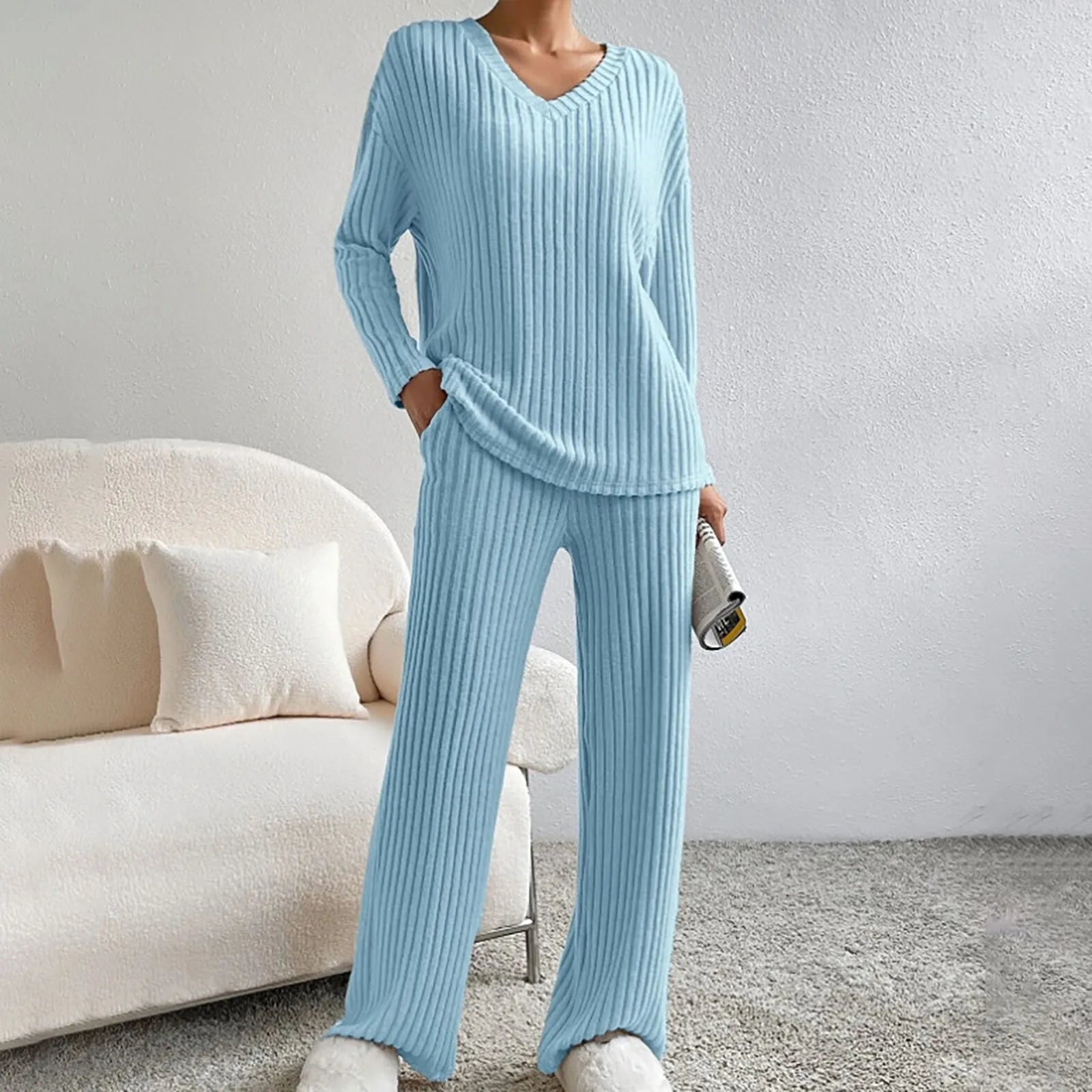 elodie | v-neck ribbed knit set light blue