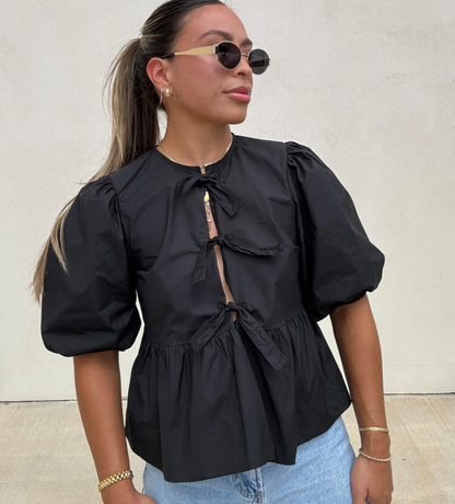 gisou puffed sleeve top with striped details black