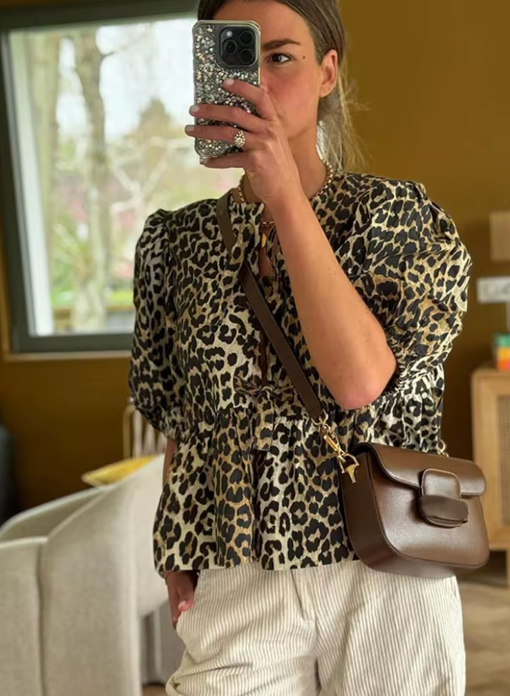 gisou puffed sleeve top with striped details tiger print
