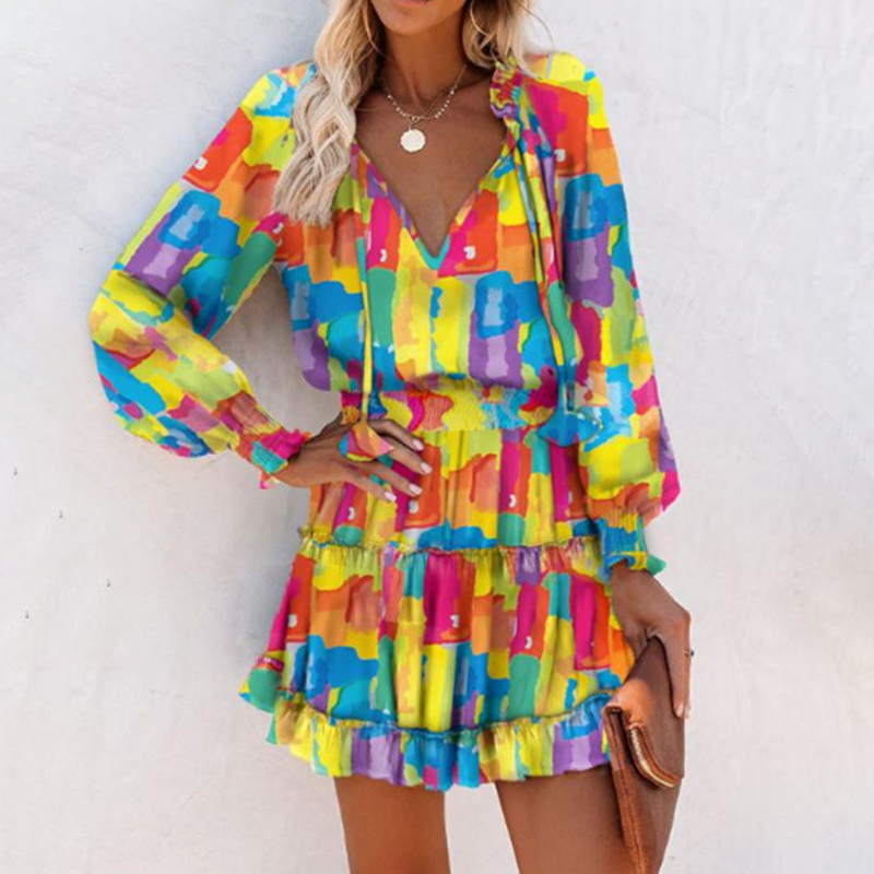 daisy | ruffle v-neck mini dress multicolor