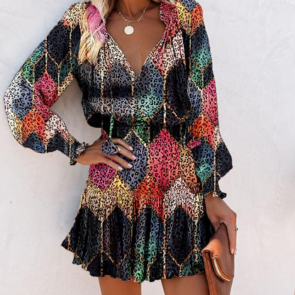 daisy | ruffle mini dress with v neckline black leopard print