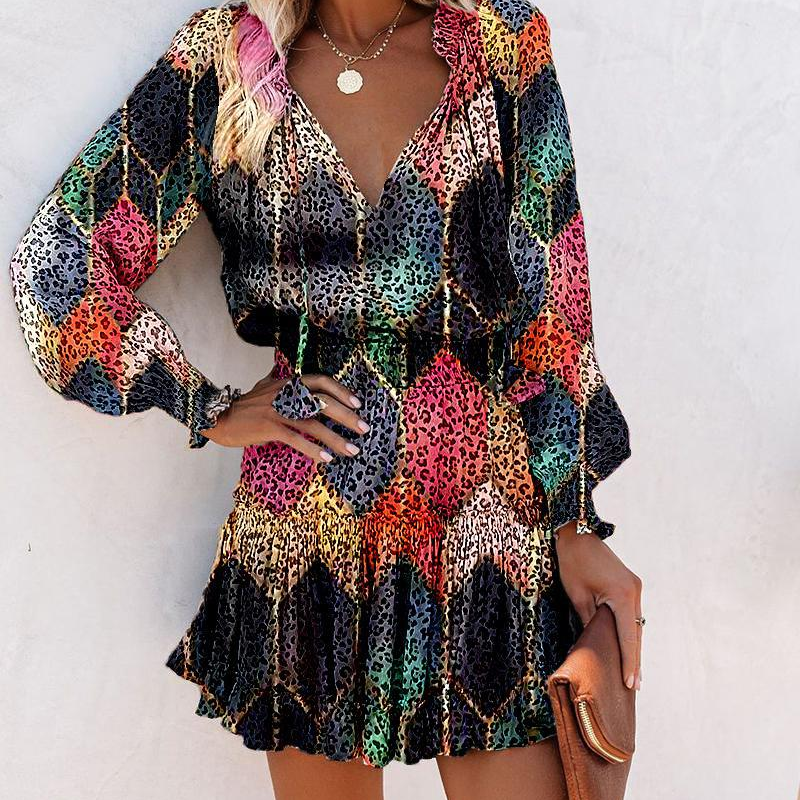 daisy | ruffle v-neck mini dress black leopard print