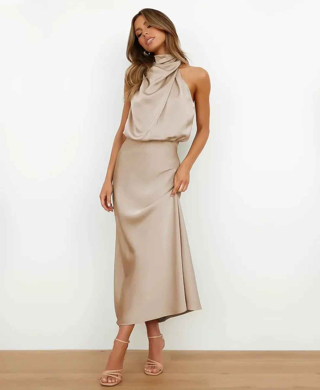Sydney | Satin Halter-Style Formal Midi Dress