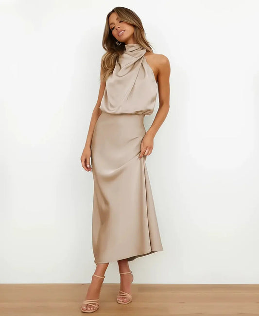 Sydney | Satin Halter-Style Formal Midi Dress