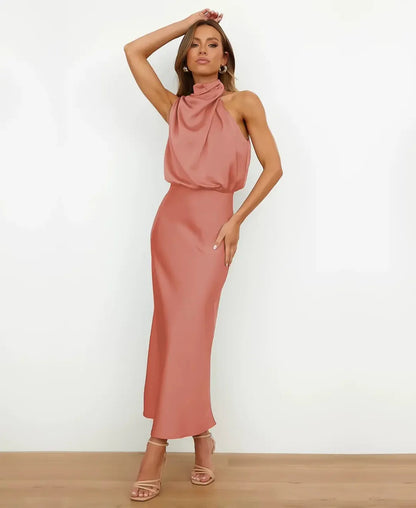 Sydney | Satin Halter-Style Formal Midi Dress