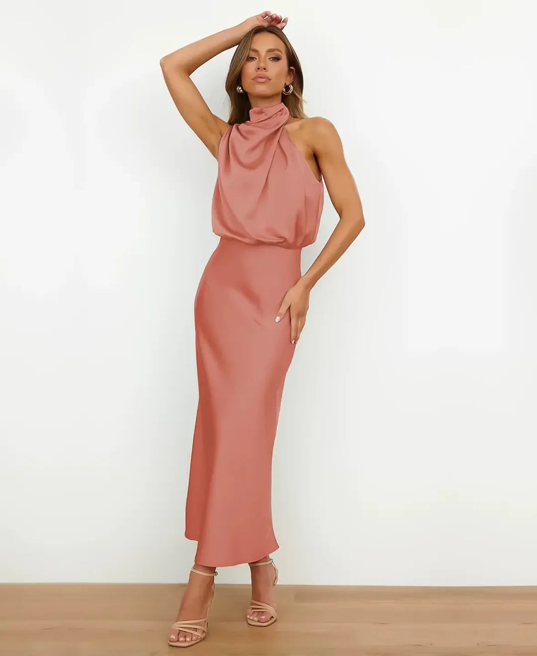 Sydney | Satin Halter-Style Formal Midi Dress