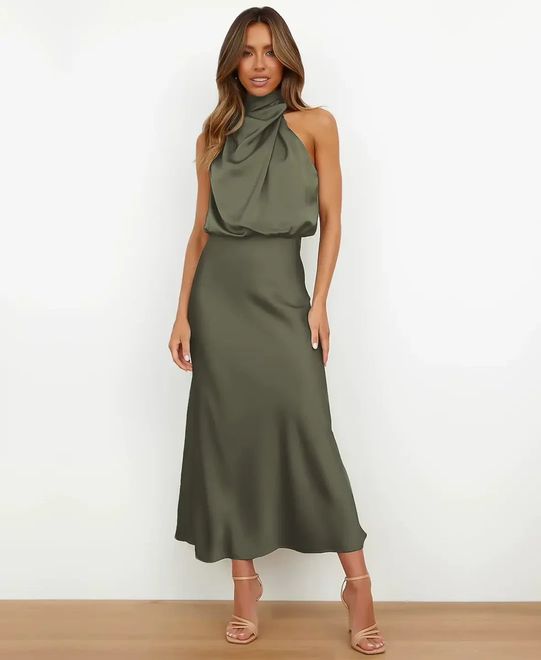 Sydney | Satin Halter-Style Formal Midi Dress