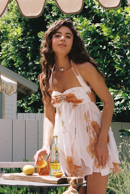 daisy | floral halter mini dress with ruffle tiers