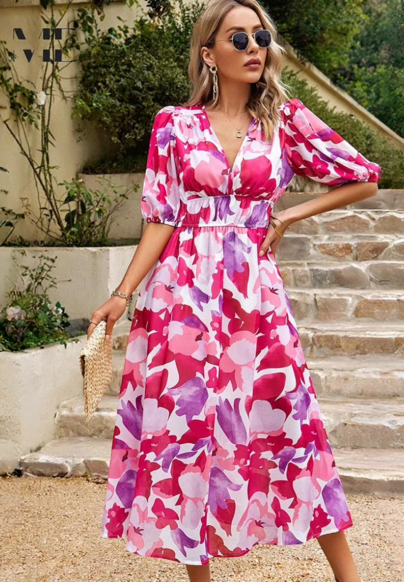 iris | floral v-neck midi dress pink