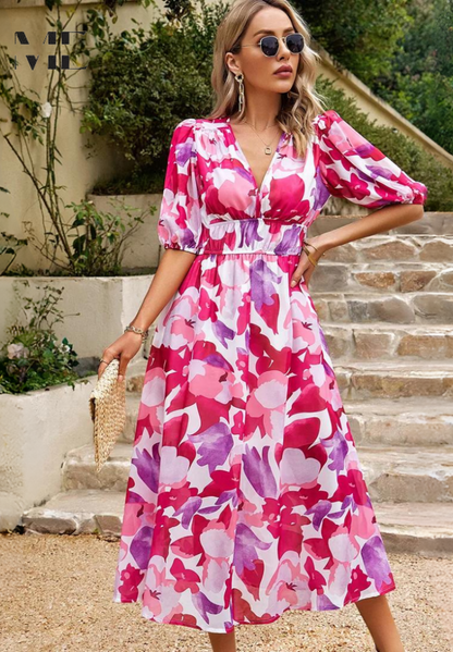 iris | floral v-neck midi dress pink