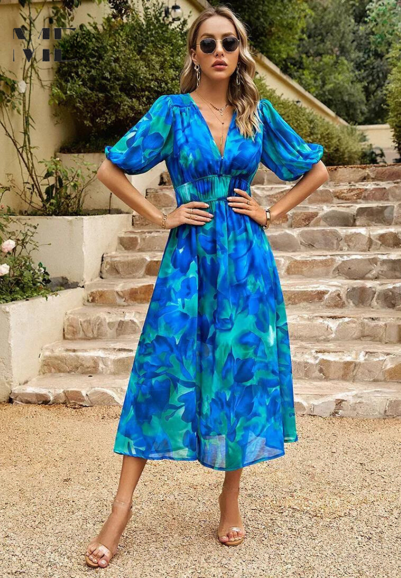 iris | floral v-neck midi dress blue