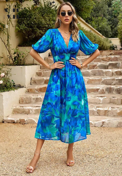 iris | floral v-neck midi dress blue