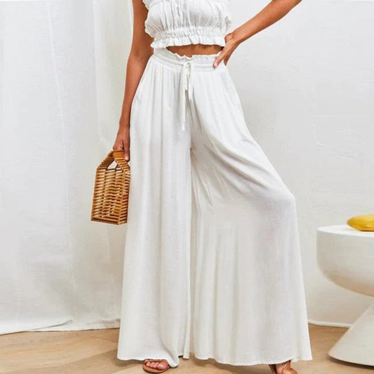 daisy | high waist wide leg pants with smocked drawstring white