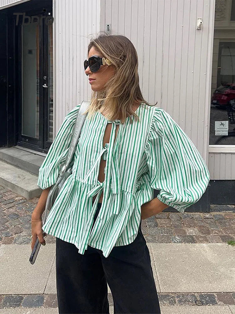gisou puffed sleeve top with striped details