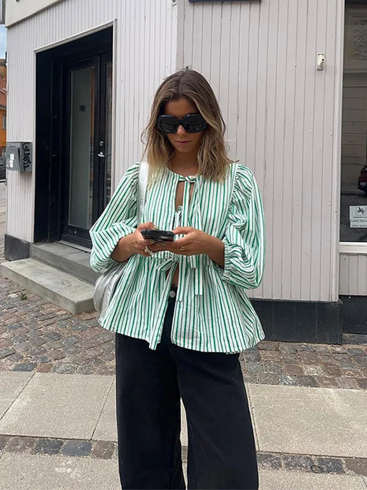 gisou puffed sleeve top with striped details