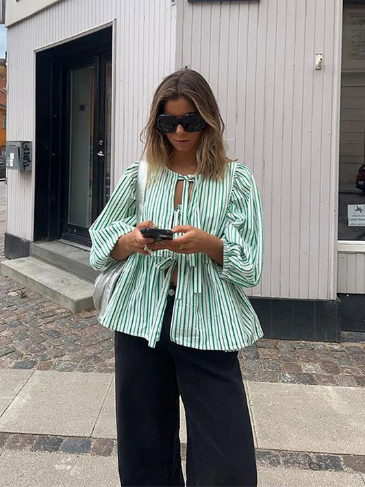 gisou puffed sleeve top with striped details