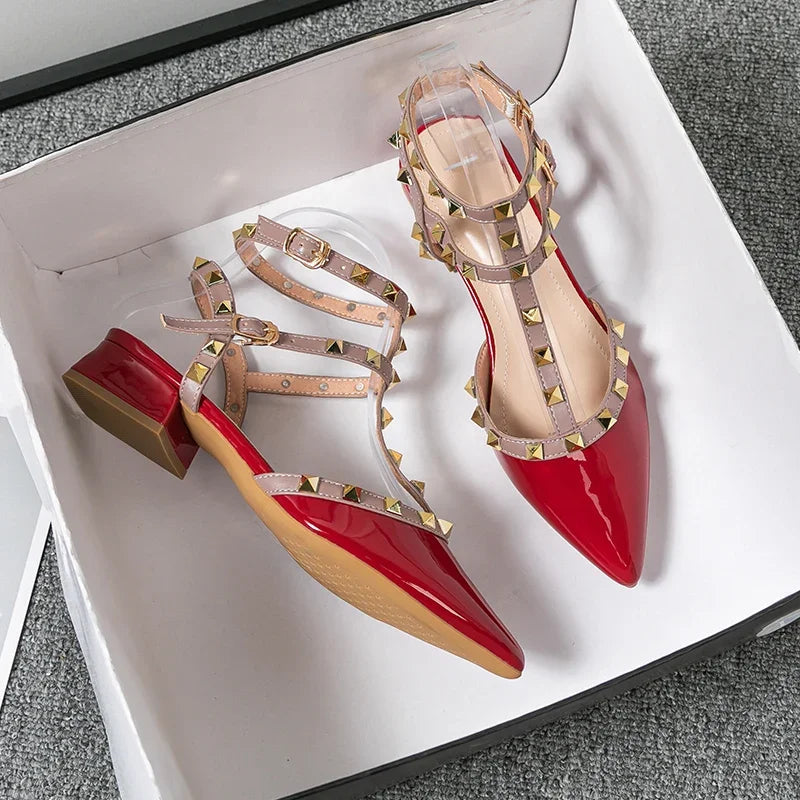 Women's Ankle-Strap Heels with Metallic Studs and Block Heel