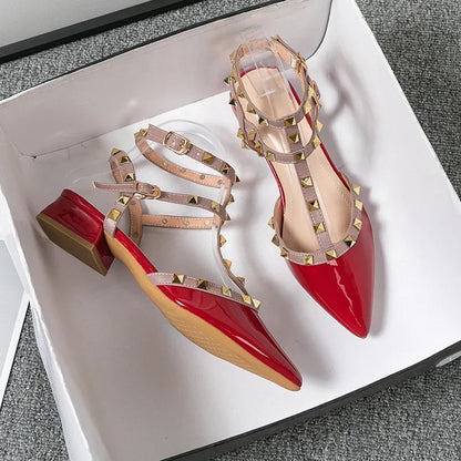 Women's Ankle-Strap Heels with Metallic Studs and Block Heel