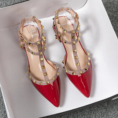 Women's Ankle-Strap Heels with Metallic Studs and Block Heel