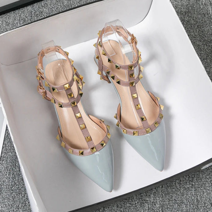 Women's Ankle-Strap Heels with Metallic Studs and Block Heel