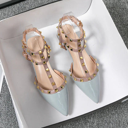 Women's Ankle-Strap Heels with Metallic Studs and Block Heel