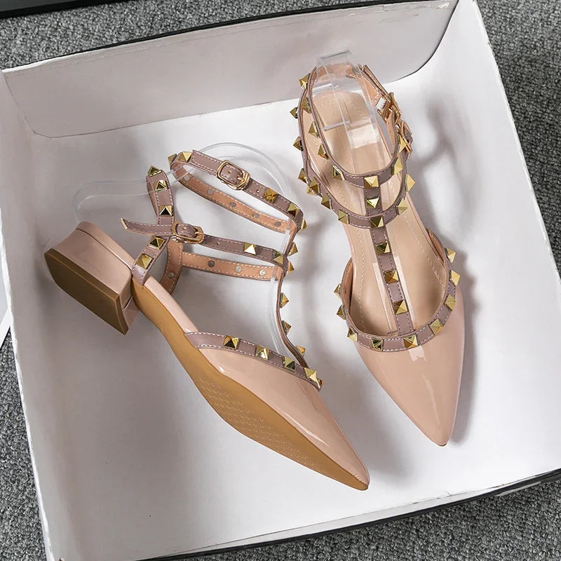 Women's Ankle-Strap Heels with Metallic Studs and Block Heel