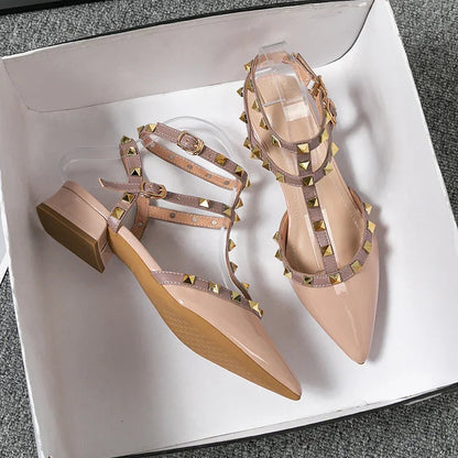 Women's Ankle-Strap Heels with Metallic Studs and Block Heel