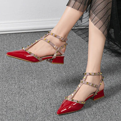 Women's Ankle-Strap Heels with Metallic Studs and Block Heel