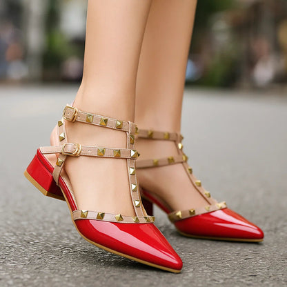 Women's Ankle-Strap Heels with Metallic Studs and Block Heel
