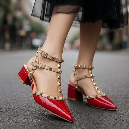 Women's Ankle-Strap Heels with Metallic Studs and Block Heel