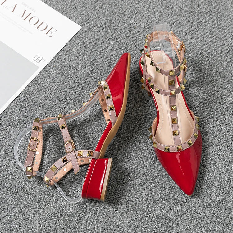 Women's Ankle-Strap Heels with Metallic Studs and Block Heel