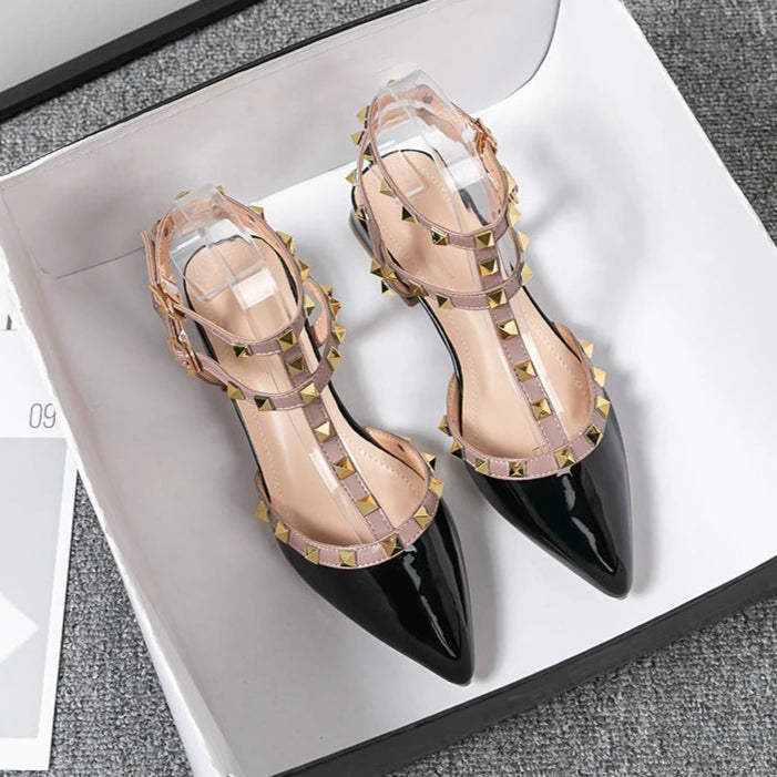Women's Ankle-Strap Heels with Metallic Studs and Block Heel