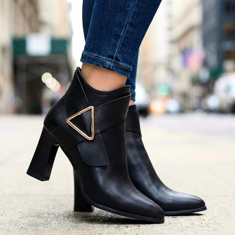 Women's Black Ankle Boots with Triangular Buckle Detail