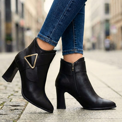 Women's Black Ankle Boots with Triangular Buckle Detail