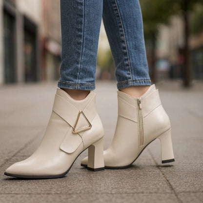 Women's Black Ankle Boots with Triangular Buckle Detail