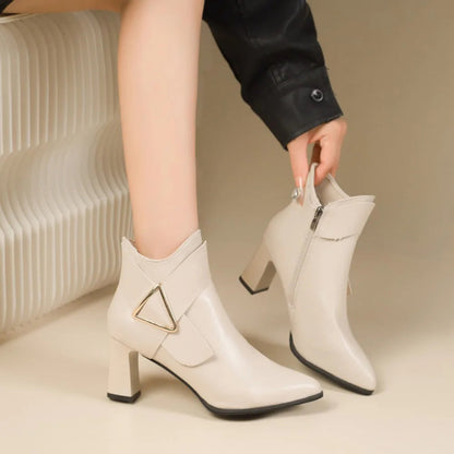Women's Black Ankle Boots with Triangular Buckle Detail