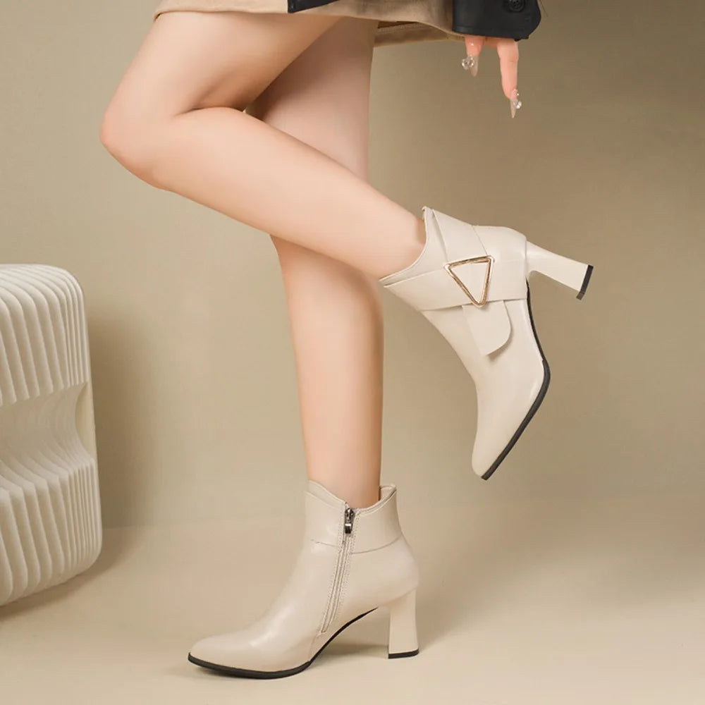 Women's Black Ankle Boots with Triangular Buckle Detail