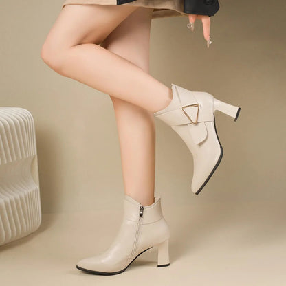 Women's Black Ankle Boots with Triangular Buckle Detail