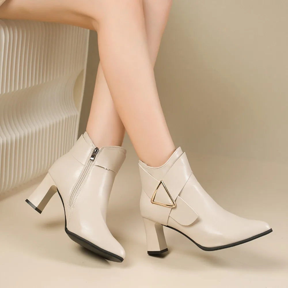 Women's Black Ankle Boots with Triangular Buckle Detail