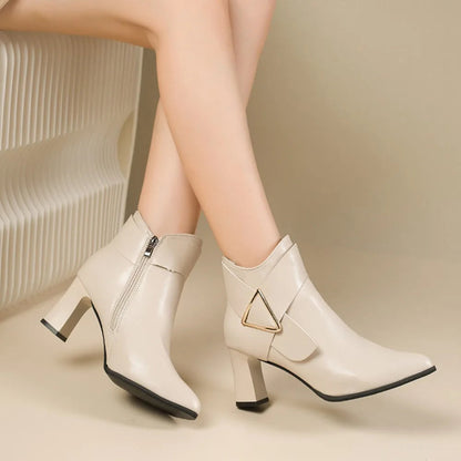 Women's Black Ankle Boots with Triangular Buckle Detail