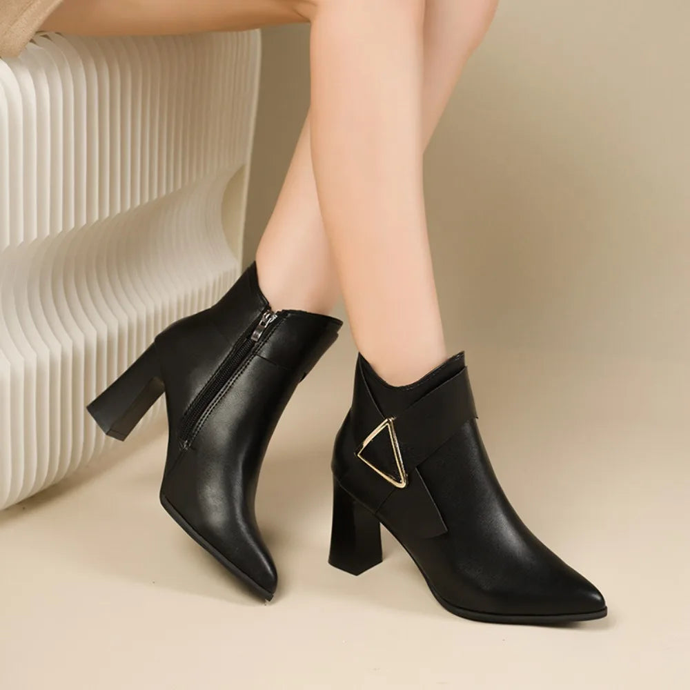 Women's Black Ankle Boots with Triangular Buckle Detail