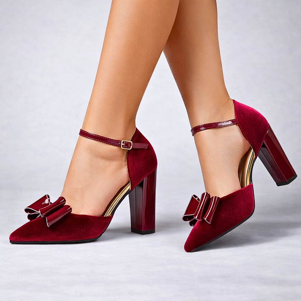 Women's Velvet Bow Heels with Block Heel and Ankle Strap